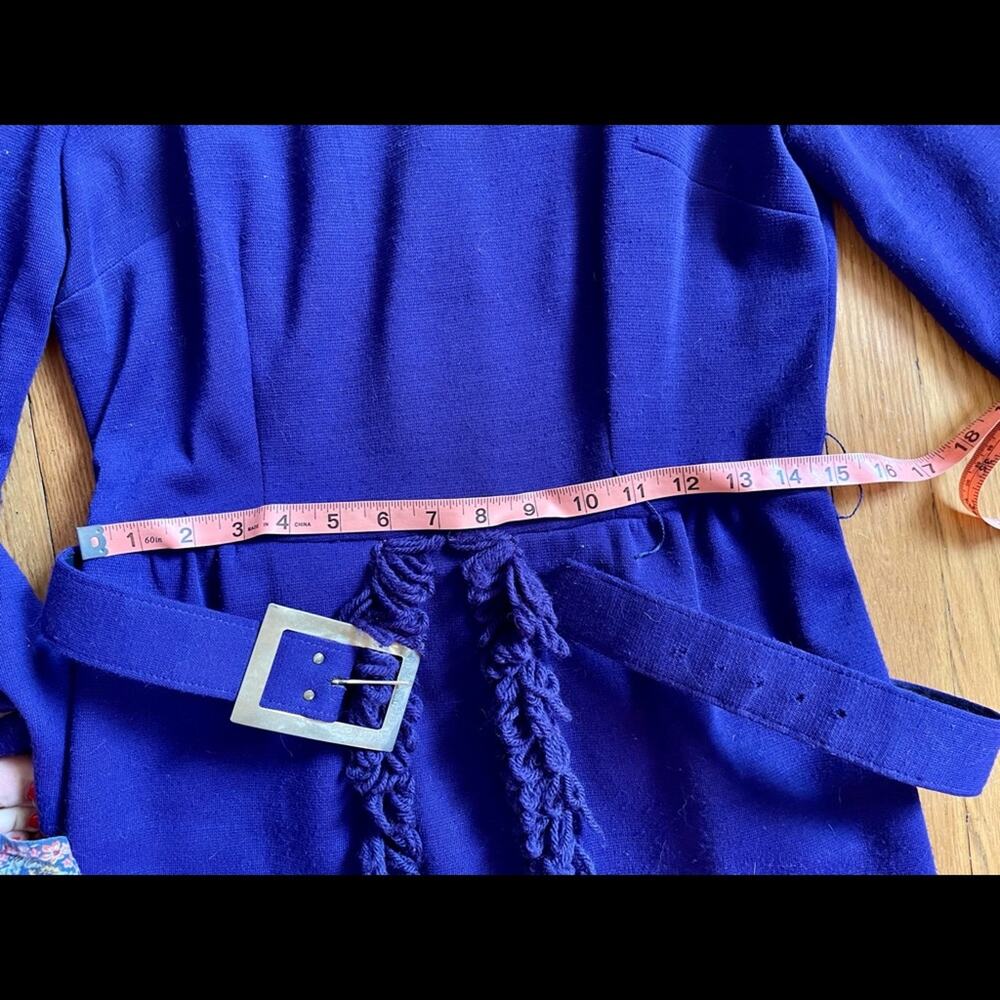 70s Does 40s Purple Long Sleeved Knit Dress w. Peplum Fringe Skirt - Picture 5 of 10